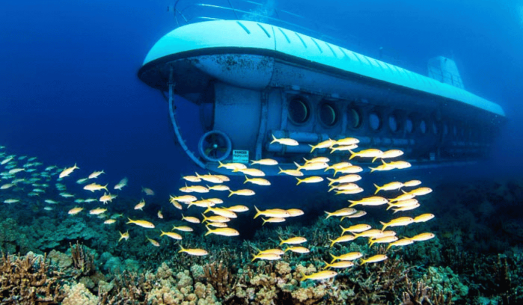 A submarine tour in Cozumel, Mexico. In this image, a colorful submarine is partially submerged in crystal-clear turquoise waters, with passengers inside enjoying an underwater adventure. The submarine is surrounded by vibrant marine life, including coral reefs and a variety of fish species. This tour offers a unique opportunity to explore the rich underwater world of Cozumel from the comfort of a submersible vessel.